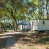 Una casa mobile bianca in un'area boschiva con alberi alti e un sentiero pavimentato.