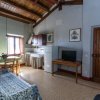 Cucina e soggiorno con tavolo e divano.
