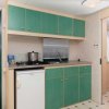 Cucina con mobili verdi e frigorifero.