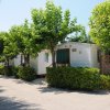 Viale alberato con bungalow bianchi e siepi verdi.