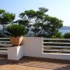 Terrazza con pavimento in piastrelle, piante in vaso e vista su alberi e mare in lontananza.