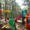Un parco giochi con scivoli e altalene colorati tra alberi alti.