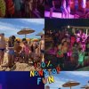 Collage di bambini che giocano sulla spiaggia e ballano di sera.