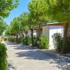 Viale alberato con bungalow su entrambi i lati.