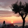 Un tramonto sul mare con una silhouette di un albero e persone sedute sulla spiaggia.