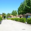 Viale alberato con bungalows su entrambi i lati, cielo sereno.