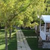 Percorso in pietra tra casette e alberi verdi.