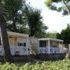 Bungalow con verande bianche circondati da alberi alti.