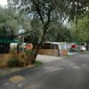 Strada in un campeggio con tende, vegetazione e auto parcheggiata.
