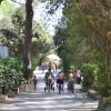 Persone camminano e vanno in bici lungo una strada alberata.