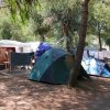 Un campeggio con tende blu e verdi tra gli alberi. Panni stesi al sole.