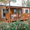 Bungalow in legno con veranda tra gli alberi.