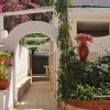 Giardino con pergolato e piante fiorite vicino a un edificio.