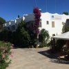 Edificio bianco con giardino e bougainvillea fiorita.