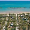 Spiaggia con mare calmo e vegetazione.