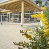 Cespugli di fiori gialli vicino a un patio coperto con tavoli e sedie.