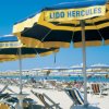 Ombrelloni blu e gialli allineati su una spiaggia.