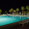 Una piscina illuminata di notte, circondata da lettini e palme.