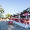 Un bar all'aperto con sedie rosse e ombrelloni, accanto a una palma e un'area pavimentata.