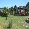 Giardino con tavoli e piante verdi, percorso di pietre.