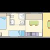 Planimetria di una casa mobile con stanza e cucina.