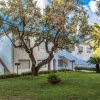 Un edificio bianco a due piani circondato da alberi e prato verde.