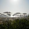 Spiaggia con file di ombrelloni e lettini, vista mare con sole splendente.