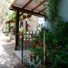 Giardino con fiori rossi e pergolato in legno.