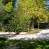 Sentiero sterrato tra alberi e cespugli.