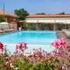 Piscina all'aperto con fiori sul bordo, circondata da lettini e ombrelloni.