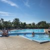 Piscina affollata con adulti e bambini che si godono il sole. Sullo sfondo, alberi rigogliosi.